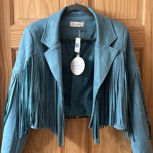 Saints & Hearts Size Medium Blue Fringe Suede Blazer Jacket